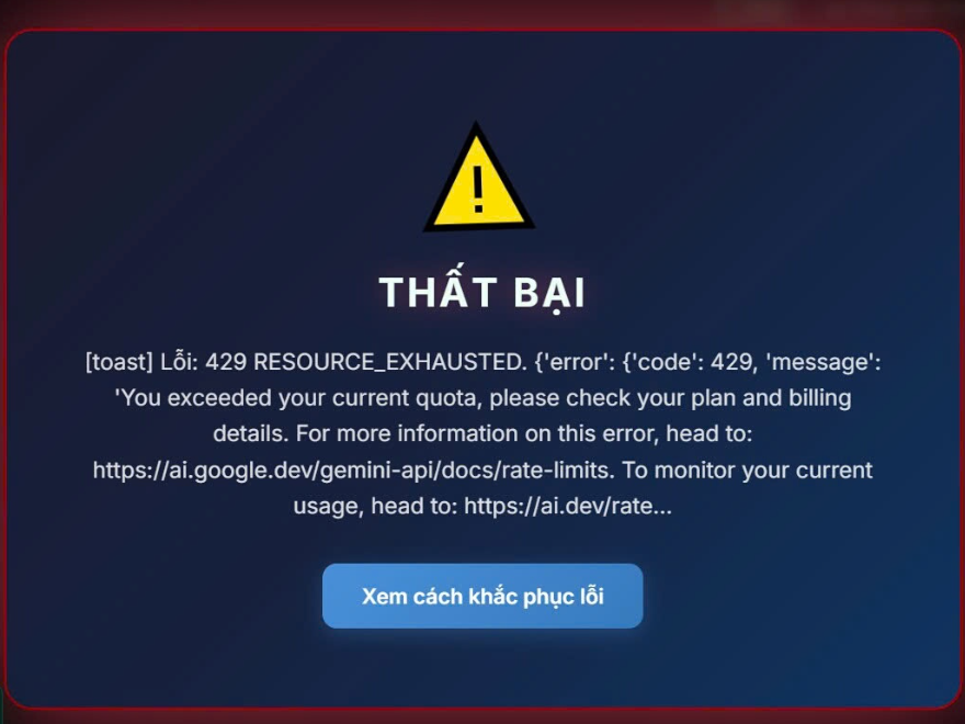 Ví dụ lỗi hết quota Gemini API trong WIN AI TOOL