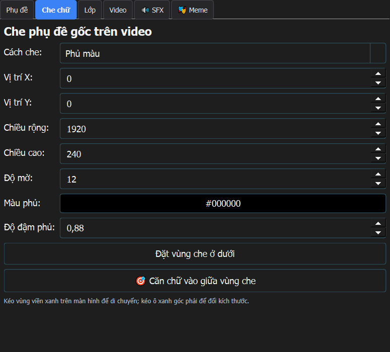 Công cụ che chữ gốc trong WIN VIDEO DUB STUDIO