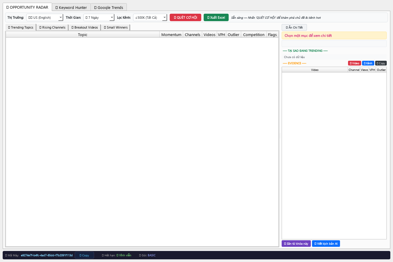 Giao diện Opportunity Radar của YouTube Key Hunter