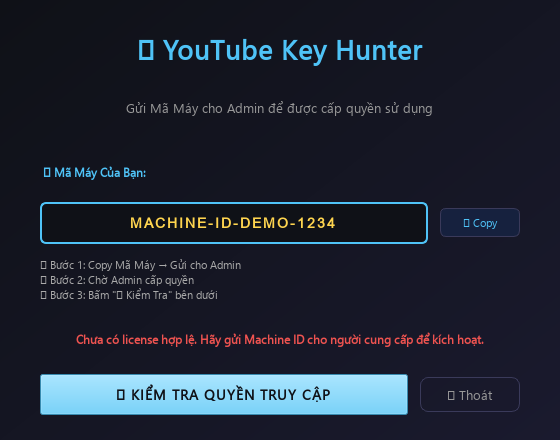 Hộp license YouTube Key Hunter hiển thị Machine ID