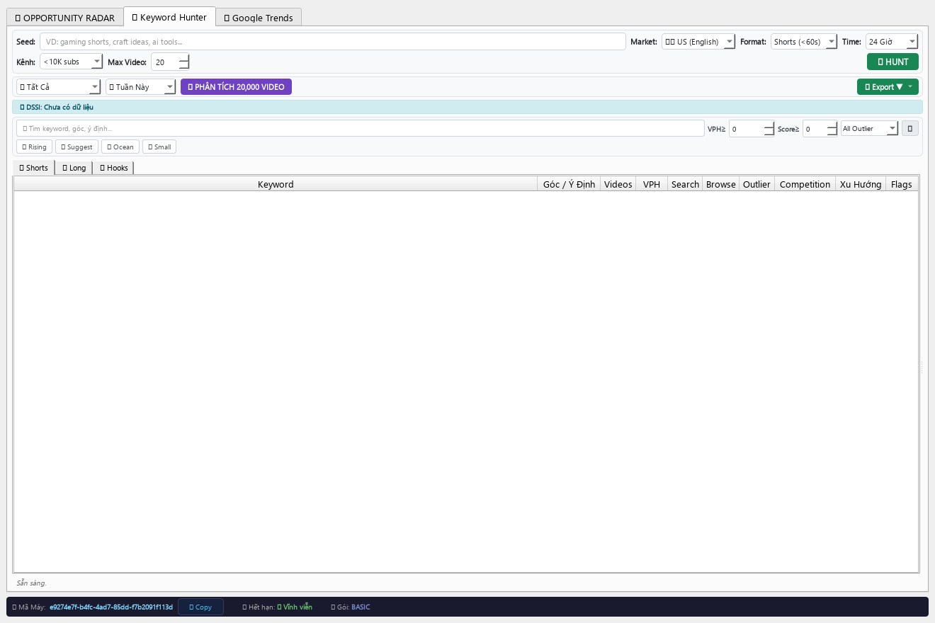 Giao diện Keyword Hunter của YouTube Key Hunter