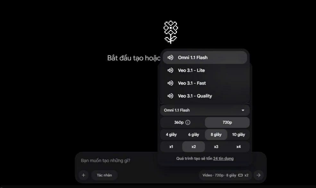Ảnh chụp menu model Google Flow do WIN TOOL cung cấp ngày 23/09/2026; có Omni 1.1 Flash, Veo 3.1 Lite, Fast và Quality, không thấy Lower Priority