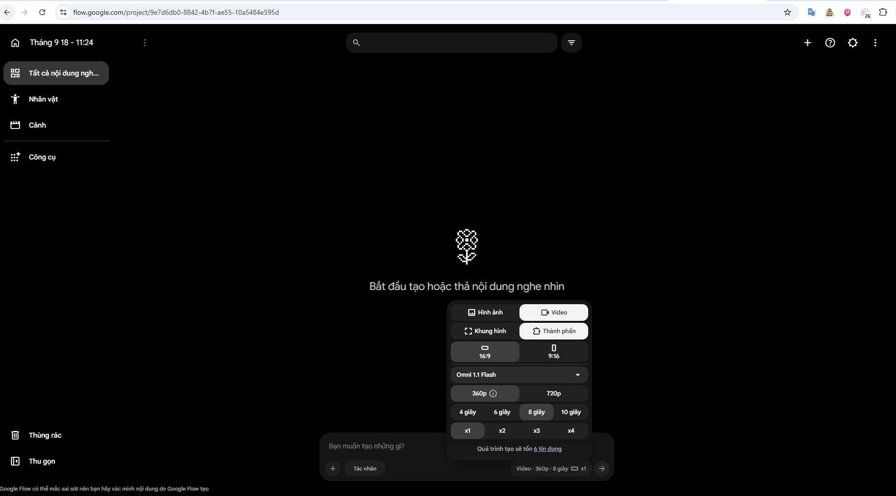 Không gian làm việc Google Flow với lựa chọn tạo ảnh, video và khung hình